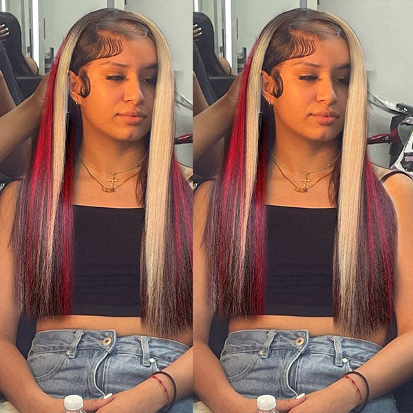Junoda Multi Mixed Color Highlight Red & Blonde on Black Hair Straight 13x4 Lace Front Wig junoda