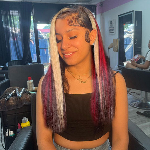 Junoda Multi Mixed Color Highlight Red & Blonde on Black Hair Straight 13x4 Lace Front Wig junoda