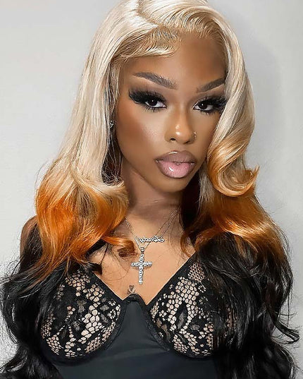 Junoda Ombre 613 Blonde Ginger Orange 3 Shades Body Wave 13x4 Lace Front Human Hair Wigs junoda