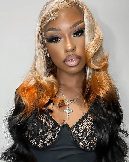 Junoda Ombre 613 Blonde Ginger Orange 3 Shades Body Wave 13x4 Lace Front Human Hair Wigs junoda