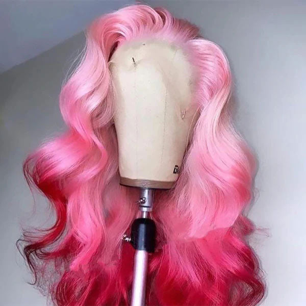 Junoda Ombre Pink Body Wave Wig 2 Tone Colored Human Hair Lace Front Wig junoda
