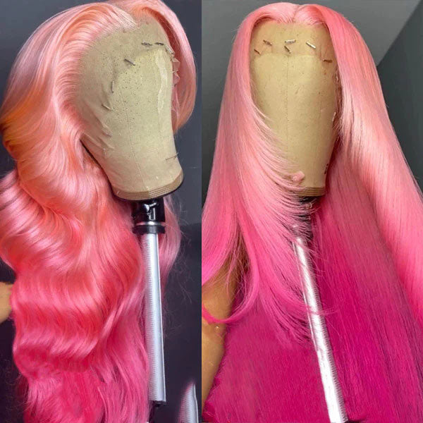 Junoda Ombre Pink Body Wave Wig 2 Tone Colored Human Hair Lace Front Wig junoda
