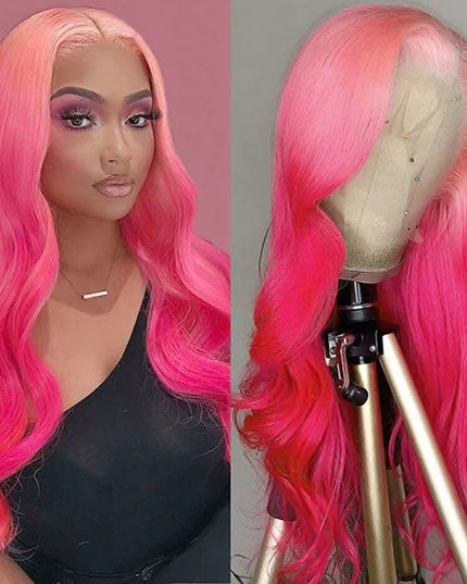 Junoda Ombre Pink Body Wave Wig 2 Tone Colored Human Hair Lace Front Wig junoda