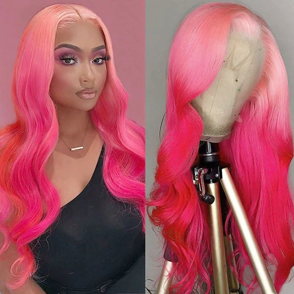 Junoda Ombre Pink Body Wave Wig 2 Tone Colored Human Hair Lace Front Wig junoda