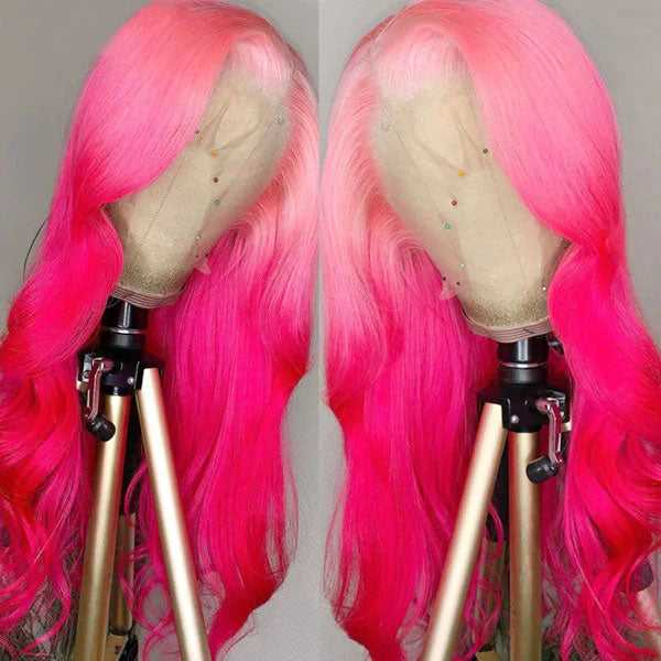 Junoda Ombre Pink Body Wave Wig 2 Tone Colored Human Hair Lace Front Wig junoda