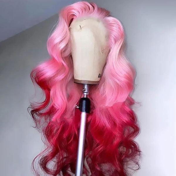 Junoda Ombre Pink Body Wave Wig 2 Tone Colored Human Hair Lace Front Wig junoda