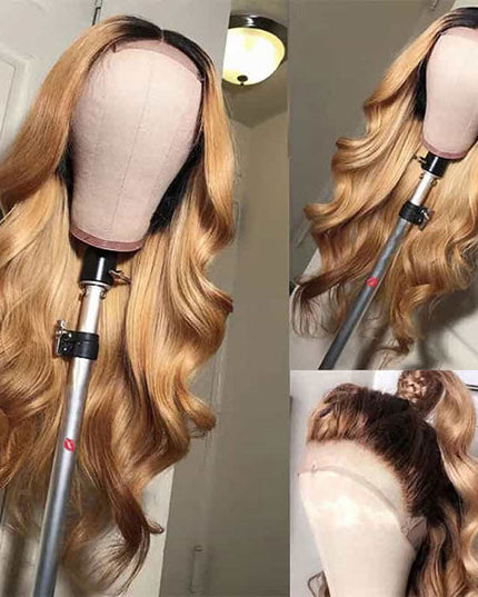 Junoda Ombre T1B/27 Dark Roots Honey Blonde Body Wave Lace Front Wig For Women junoda