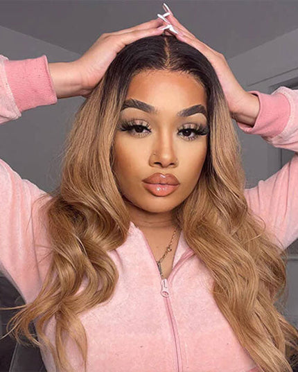 Junoda Ombre T1B/27 Dark Roots Honey Blonde Body Wave Lace Front Wig For Women junoda
