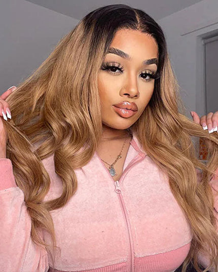 Junoda Ombre T1B/27 Dark Roots Honey Blonde Body Wave Lace Front Wig For Women junoda