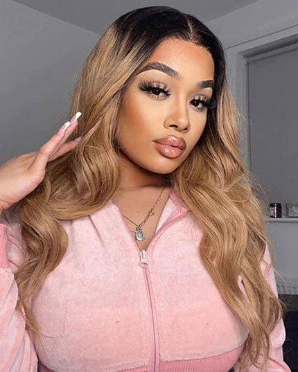 Junoda Ombre T1B/27 Dark Roots Honey Blonde Body Wave Lace Front Wig For Women junoda