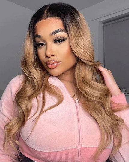 Junoda Ombre T1B/27 Dark Roots Honey Blonde Body Wave Lace Front Wig For Women junoda