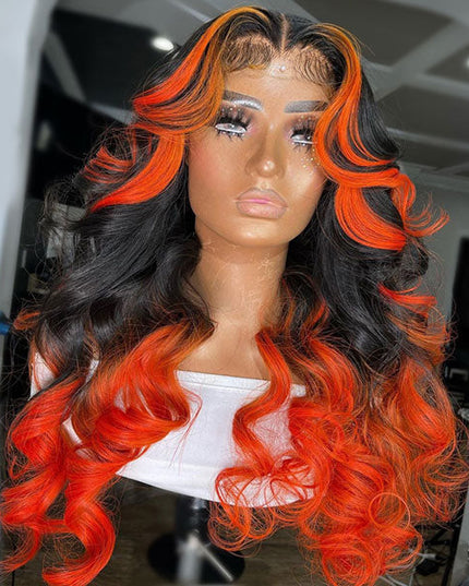 Junoda Orange Rose Pink Yellow Blue Skunk Stripe Colored Ombre Human Hair Wig 13x4 Lace Front Wig junoda