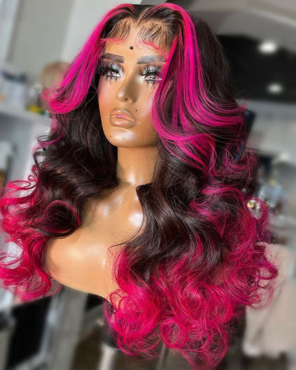 Junoda Orange Rose Pink Yellow Blue Skunk Stripe Colored Ombre Human Hair Wig 13x4 Lace Front Wig junoda