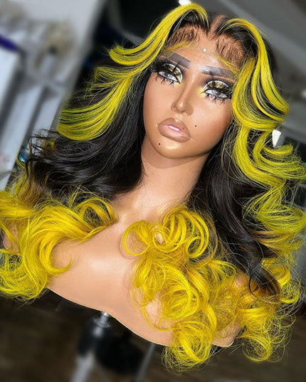 Junoda Orange Rose Pink Yellow Blue Skunk Stripe Colored Ombre Human Hair Wig 13x4 Lace Front Wig junoda