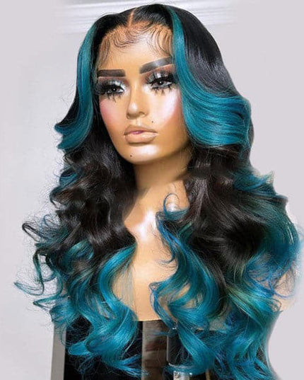 Junoda Orange Rose Pink Yellow Blue Skunk Stripe Colored Ombre Human Hair Wig 13x4 Lace Front Wig junoda