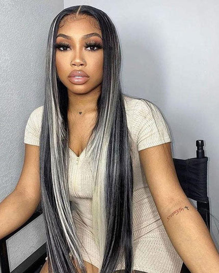 Junoda Original Platinum Blonde Highlights Straight Grey Mixed Color Human Hair Wigs junoda