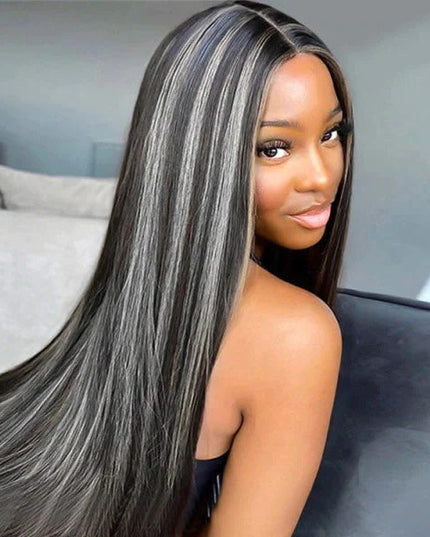 Junoda Original Platinum Blonde Highlights Straight Grey Mixed Color Human Hair Wigs junoda