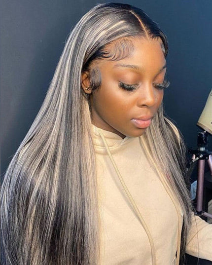 Junoda Original Platinum Blonde Highlights Straight Grey Mixed Color Human Hair Wigs junoda