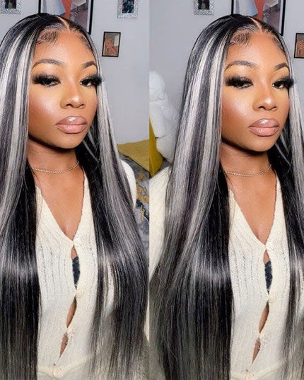 Junoda Original Platinum Blonde Highlights Straight Grey Mixed Color Human Hair Wigs junoda