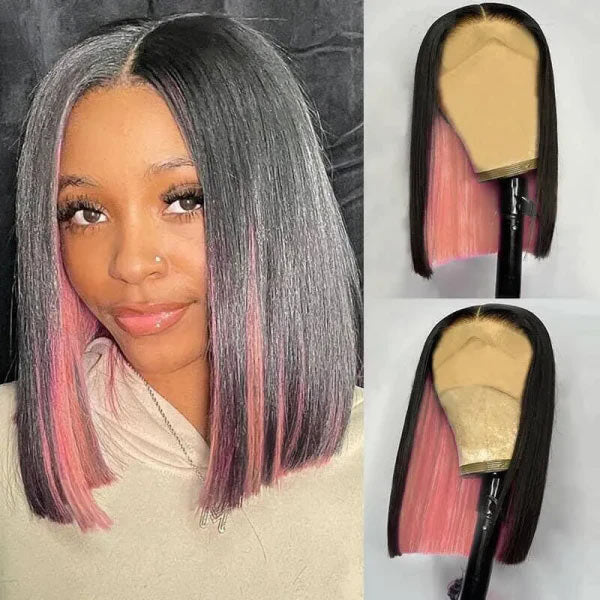 Junoda Peekaboo Pink Highlight Straight Human Hair Bob Wigs 4x4 13x4 Lace Front Wig junoda