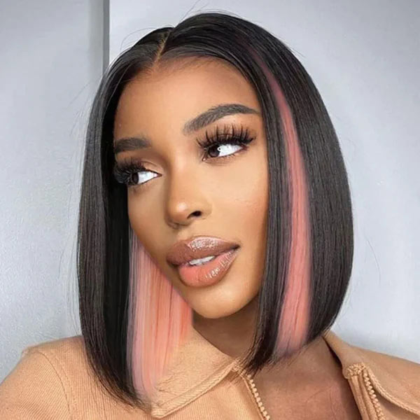 Junoda Peekaboo Pink Highlight Straight Human Hair Bob Wigs 4x4 13x4 Lace Front Wig junoda