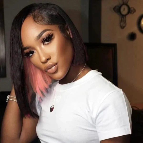 Junoda Peekaboo Pink Highlight Straight Human Hair Bob Wigs 4x4 13x4 Lace Front Wig junoda