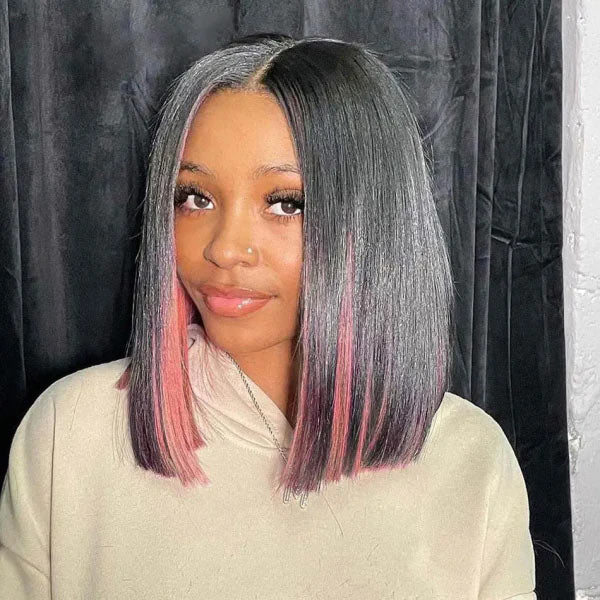 Junoda Peekaboo Pink Highlight Straight Human Hair Bob Wigs 4x4 13x4 Lace Front Wig junoda