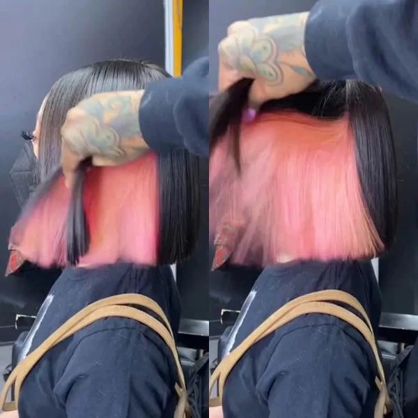 Junoda Peekaboo Pink Highlight Straight Human Hair Bob Wigs 4x4 13x4 Lace Front Wig junoda