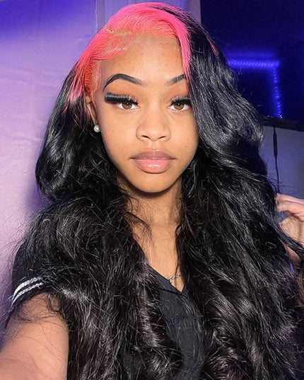 Junoda Pink Roots on Black Hair Body Wave Skunk Stripe Wig 180% Denisty Human Hair Wigs junoda