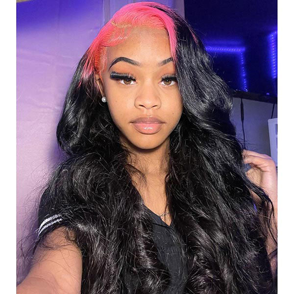 Junoda Pink Roots on Black Hair Body Wave Skunk Stripe Wig 180% Denisty Human Hair Wigs junoda