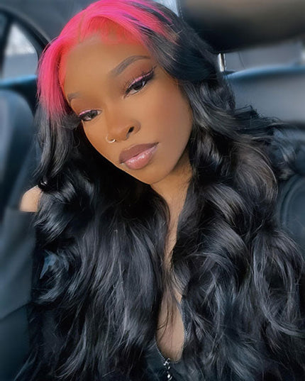 Junoda Pink Roots on Black Hair Body Wave Skunk Stripe Wig 180% Denisty Human Hair Wigs junoda