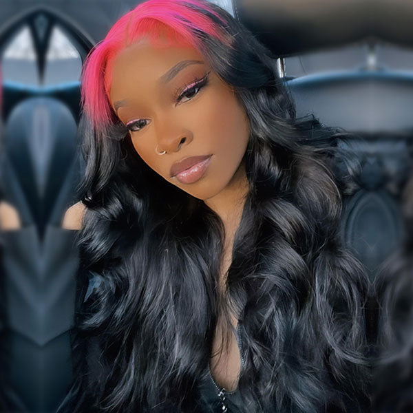 Junoda Pink Roots on Black Hair Body Wave Skunk Stripe Wig 180% Denisty Human Hair Wigs junoda