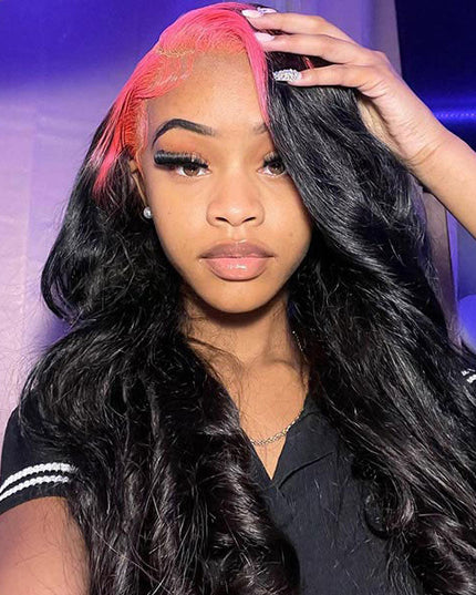 Junoda Pink Roots on Black Hair Body Wave Skunk Stripe Wig 180% Denisty Human Hair Wigs junoda