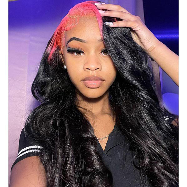 Junoda Pink Roots on Black Hair Body Wave Skunk Stripe Wig 180% Denisty Human Hair Wigs junoda