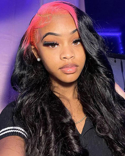 Junoda Pink Roots on Black Hair Body Wave Skunk Stripe Wig 180% Denisty Human Hair Wigs junoda