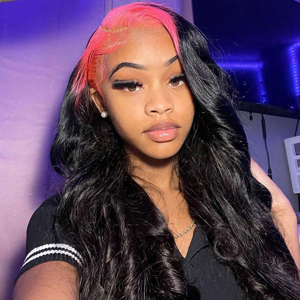 Junoda Pink Roots on Black Hair Body Wave Skunk Stripe Wig 180% Denisty Human Hair Wigs junoda