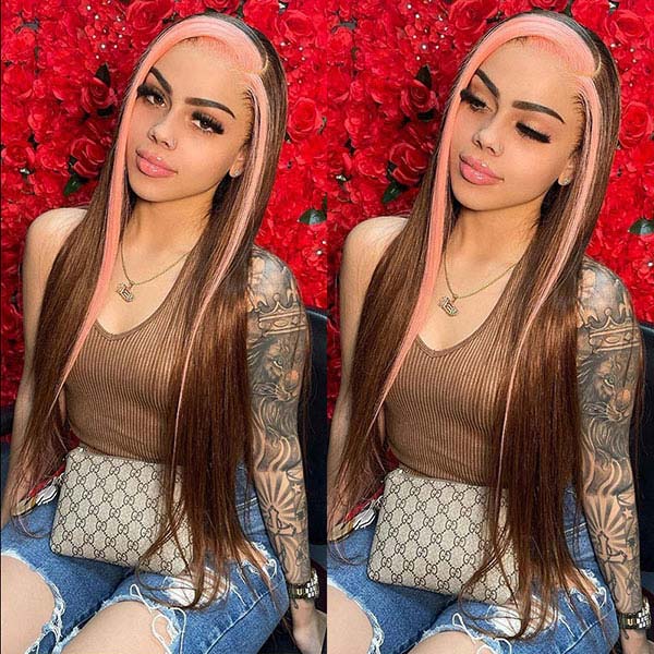 Junoda Pink Skunk Stripe Wig on Chocolate Brown Straight Hair Lace Front Wig Free/Middle/Side Part junoda