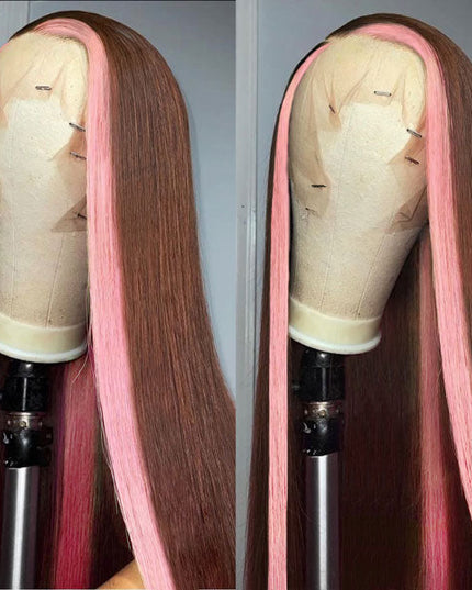 Junoda Pink Skunk Stripe Wig on Chocolate Brown Straight Hair Lace Front Wig Free/Middle/Side Part junoda