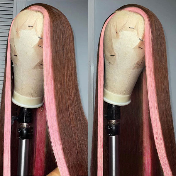Junoda Pink Skunk Stripe Wig on Chocolate Brown Straight Hair Lace Front Wig Free/Middle/Side Part junoda