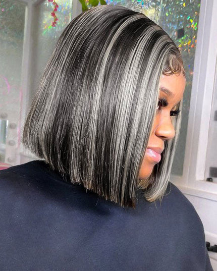 Junoda Platinum Blonde Highlight Grey Straight Short Bob Wigs Piano Color Human Hair Wig junoda