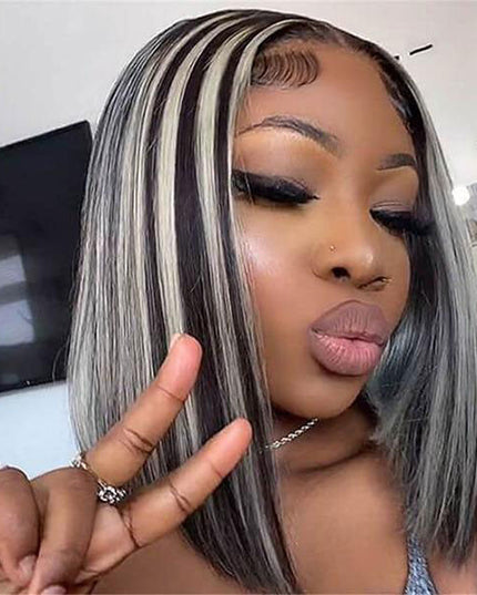 Junoda Platinum Blonde Highlight Grey Straight Short Bob Wigs Piano Color Human Hair Wig junoda