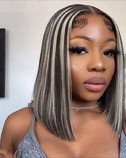 Junoda Platinum Blonde Highlight Grey Straight Short Bob Wigs Piano Color Human Hair Wig junoda