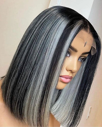 Junoda Platinum Blonde Highlight Grey Straight Short Bob Wigs Piano Color Human Hair Wig junoda