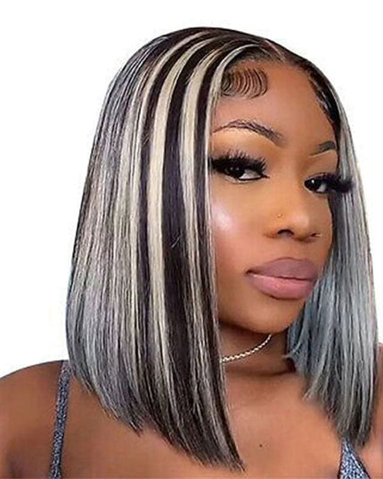 Junoda Platinum Blonde Highlight Grey Straight Short Bob Wigs Piano Color Human Hair Wig junoda