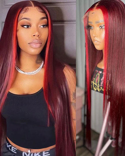 Junoda Red Burgundy 99J Skunk Stripe Straight Wig 180% Density 4x4 13x4 Transparent Lace Front Wig junoda