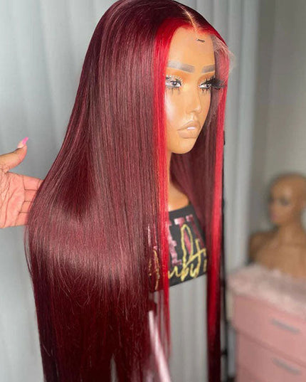 Junoda Red Burgundy 99J Skunk Stripe Straight Wig 180% Density 4x4 13x4 Transparent Lace Front Wig junoda