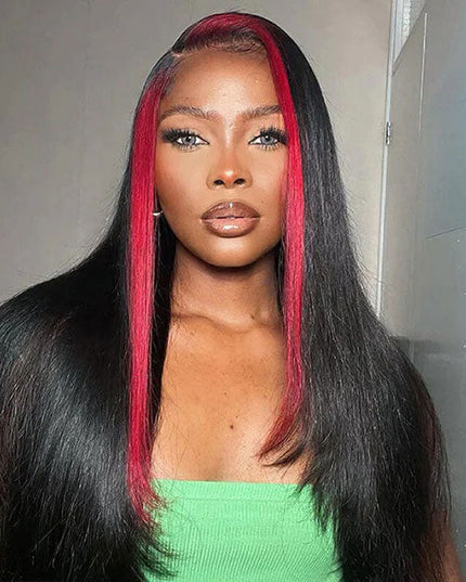 Junoda Red Straight Skunk Stripe Wig 4x4 13x4 Lace Wig Free/Middle/Side Part 180% Density junoda