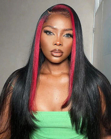 Junoda Red Straight Skunk Stripe Wig 4x4 13x4 Lace Wig Free/Middle/Side Part 180% Density junoda