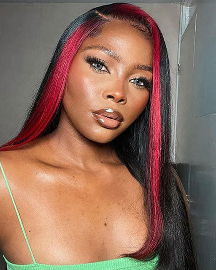 Junoda Red Straight Skunk Stripe Wig 4x4 13x4 Lace Wig Free/Middle/Side Part 180% Density junoda