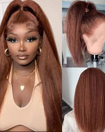 Junoda Reddish Brown Kinky Straight Jerry Curly 13x4 Lace Front Wig Human Hair Flash Sale junoda